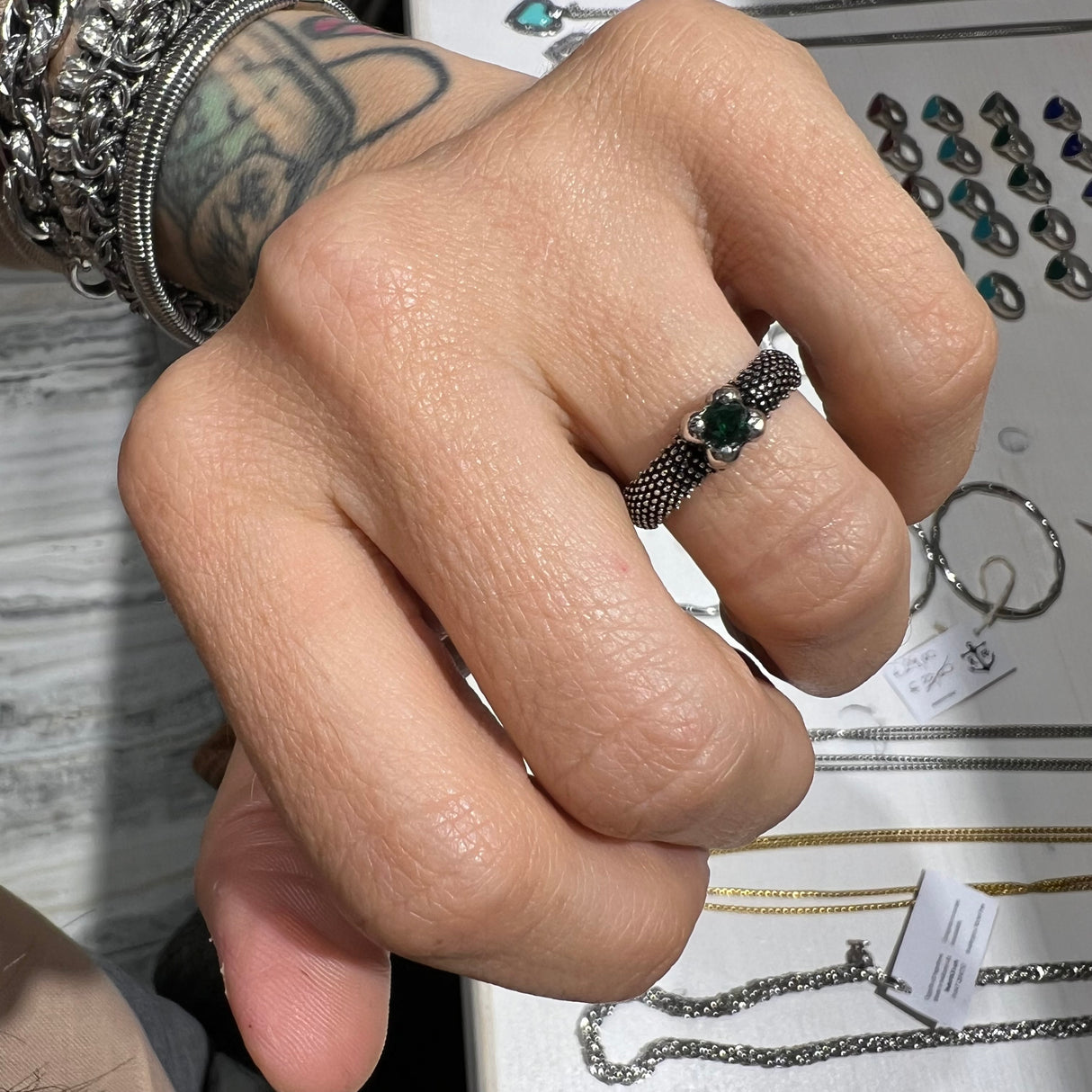 Anello Nagini puntinato pietra Verde Argento925