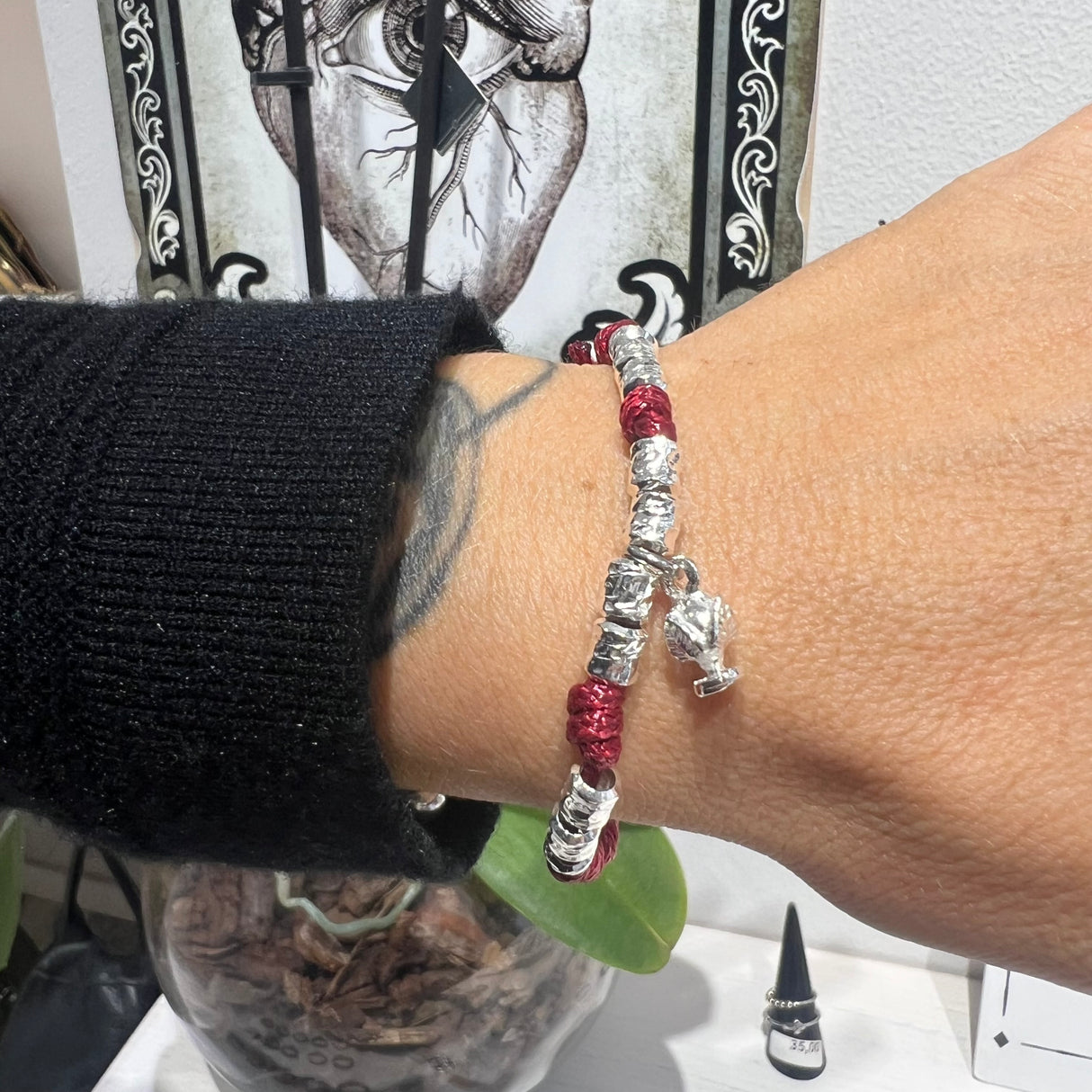 Bracciale cordino e Pumino Argento925 Bordeaux
