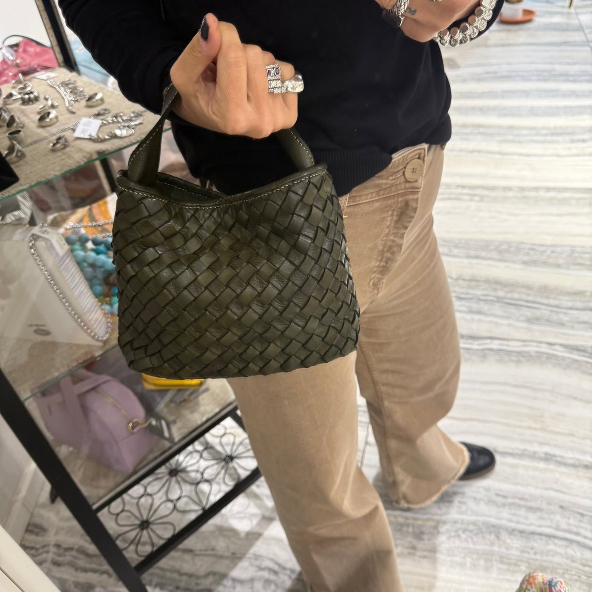 Borsa Mirtilla Small intrecciata Verde Militare