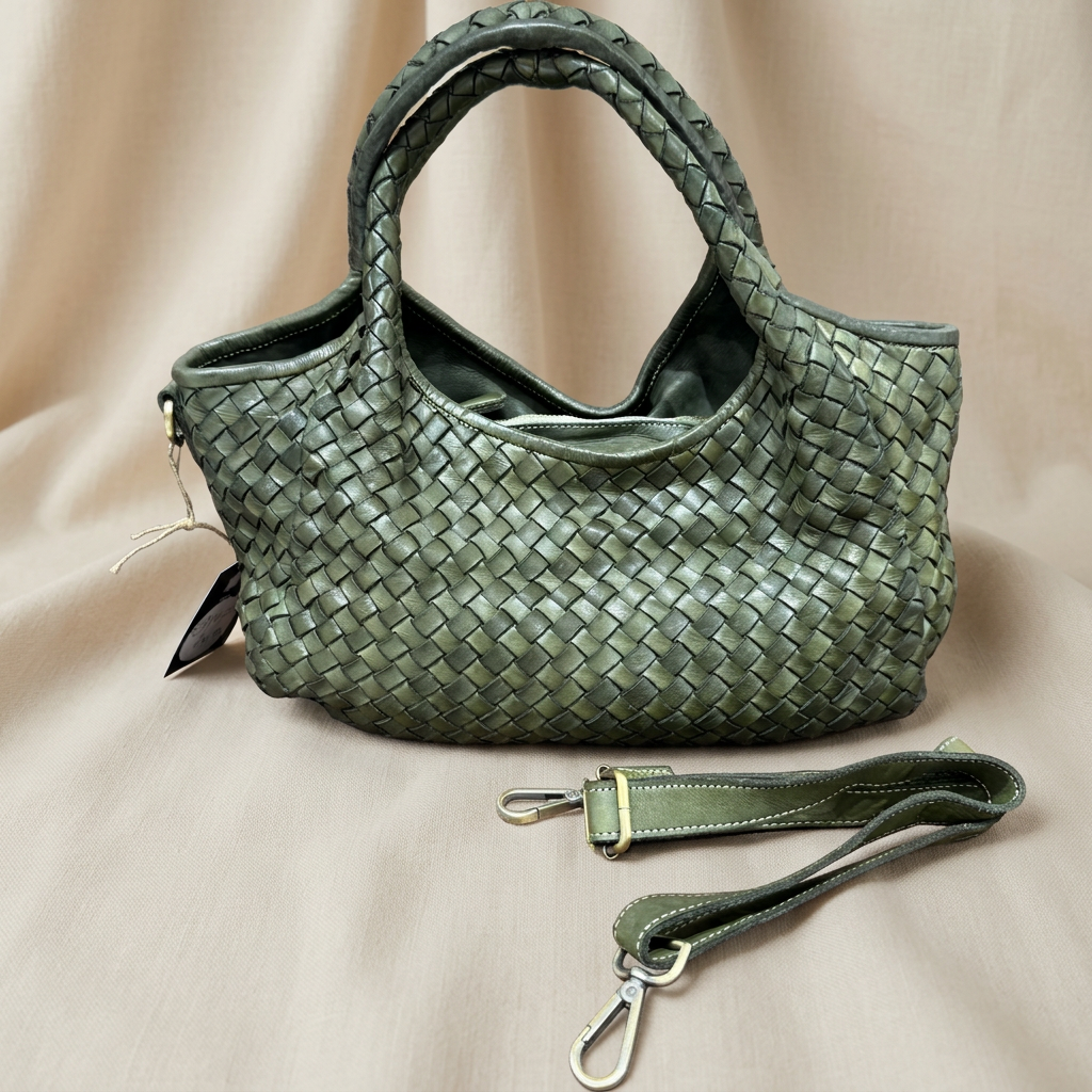 Borsa verde oliva con tracolla separata su lino beige, foto 3