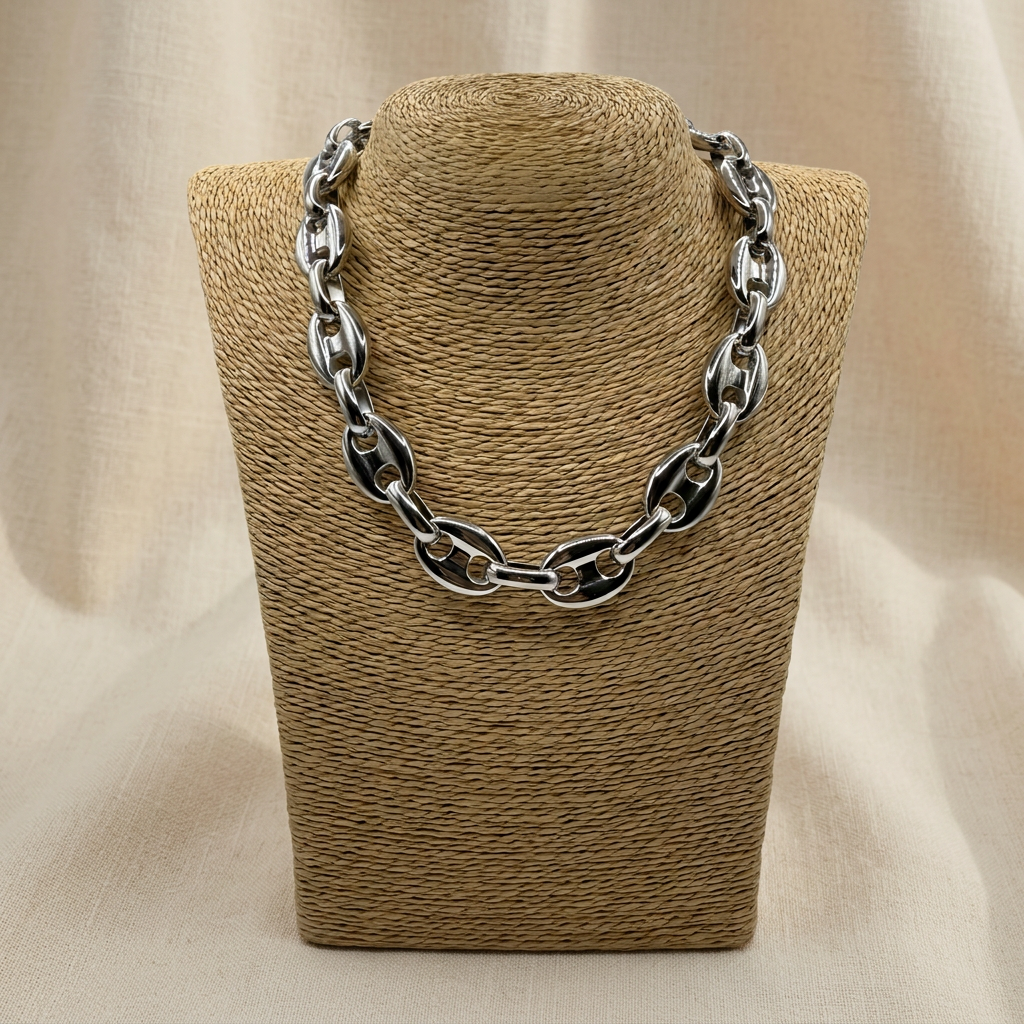 Collana Catena Marinara Acciaio Big su lino beige