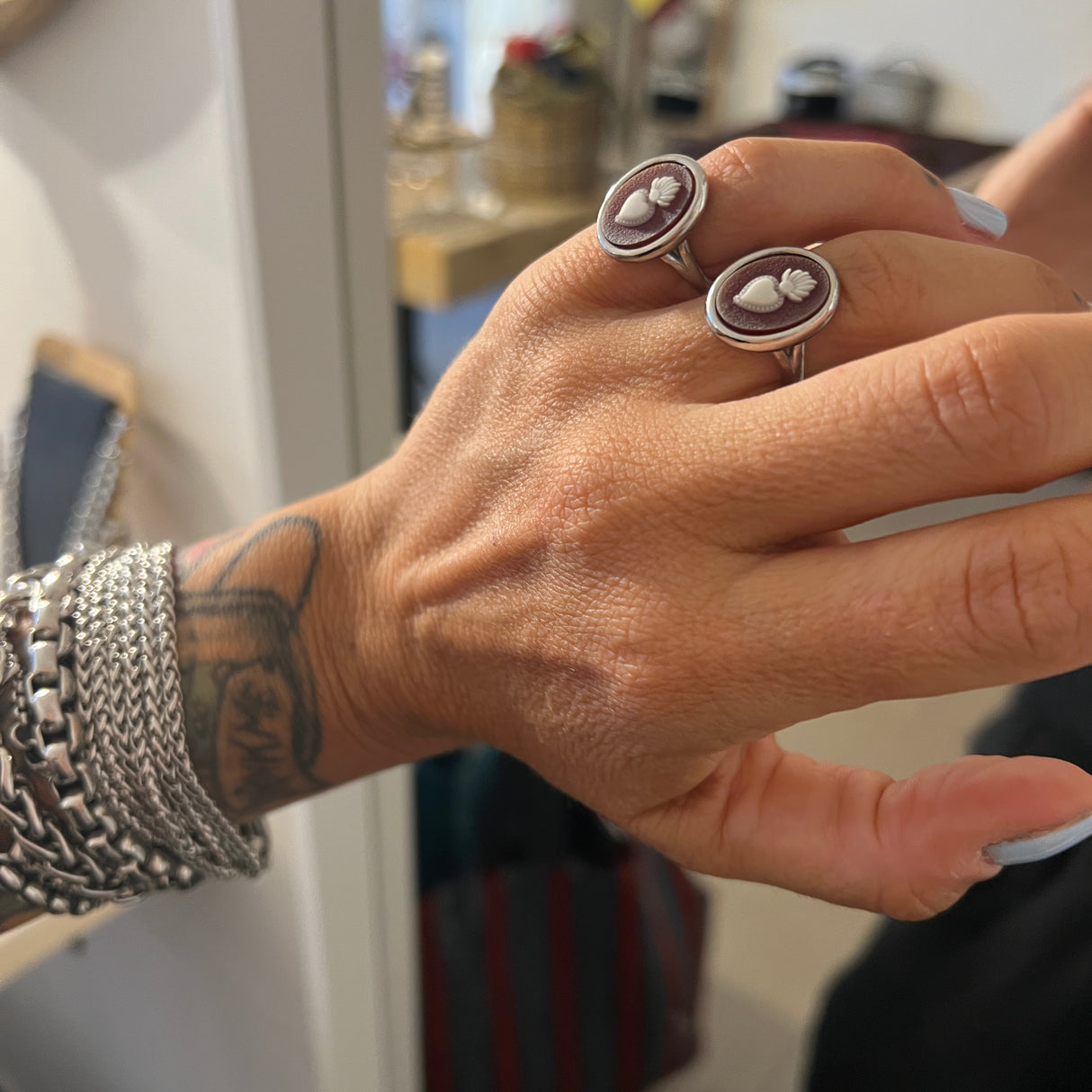 ANELLO CAMMEO CUORE SACRO Bordeaux SLIM ARGENTO925