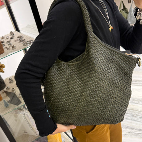 Borsa Shopper Harry intrecciata Verde Militare
