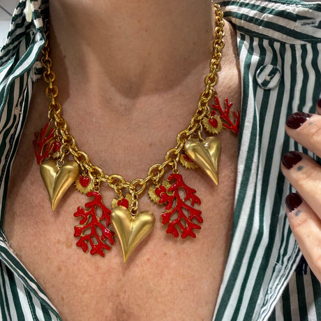 Collana Cuori e Rami di Corallo acciaio inossidabile