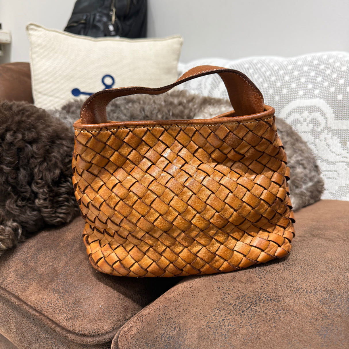 Borsa Mirtilla Small intrecciata Cuoio