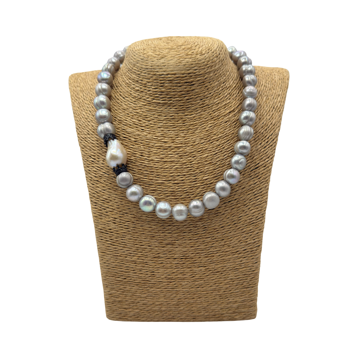 Collana Perle grigie, Corone in acciaio inossidabile e Perla Scaramazza