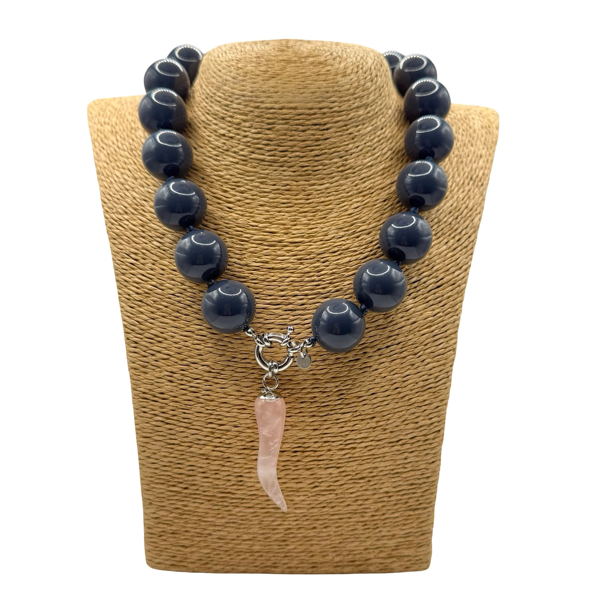 Collana Resina Grigio Fumo e Corno Quarzo Rosa