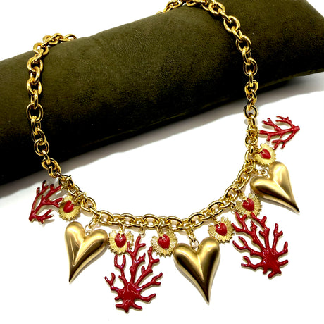 Collana Cuori e Rami di Corallo acciaio inossidabile