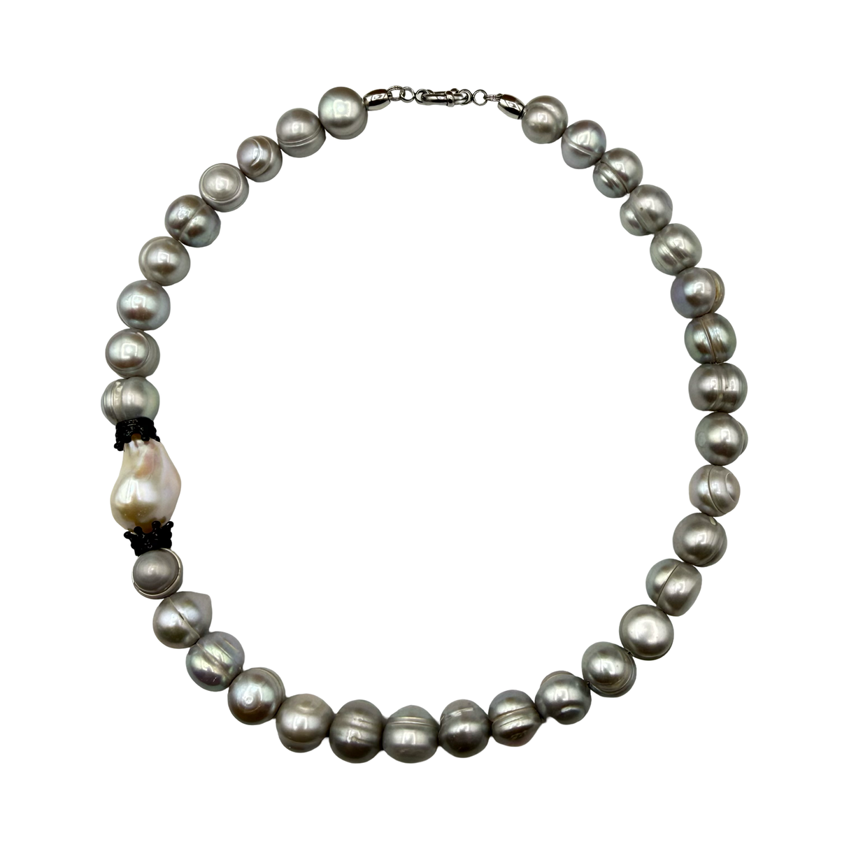 Collana Perle grigie, Corone in acciaio inossidabile e Perla Scaramazza