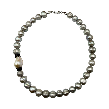Collana Perle grigie, Corone in acciaio inossidabile e Perla Scaramazza