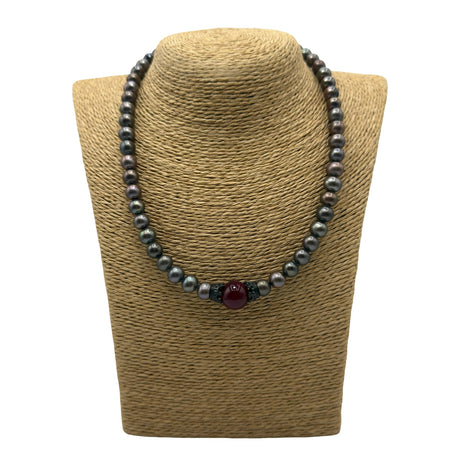 Collana Perle grigie e Corone in acciaio inossidabile