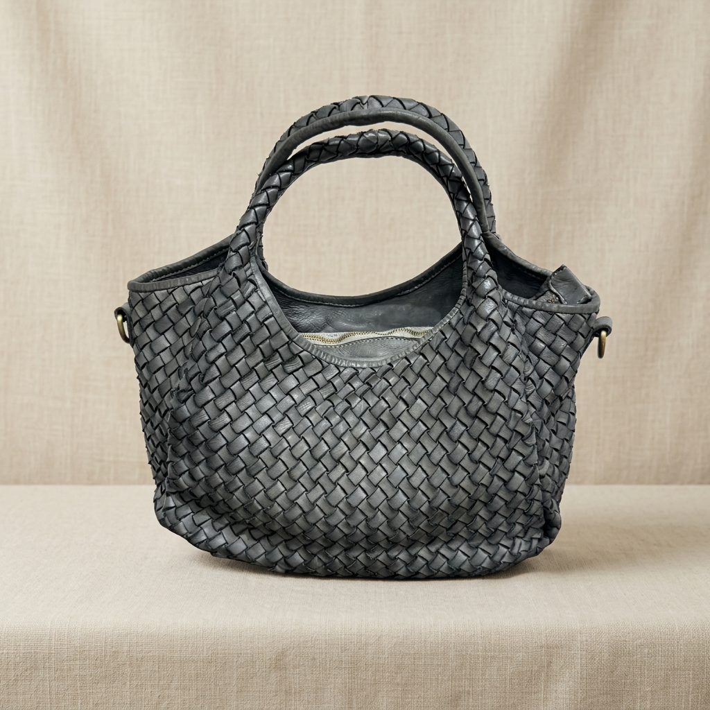 Borsa grigia su lino beige, foto 3