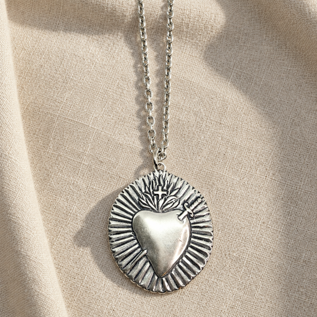Collana Cuore Sacro Big su lino beige