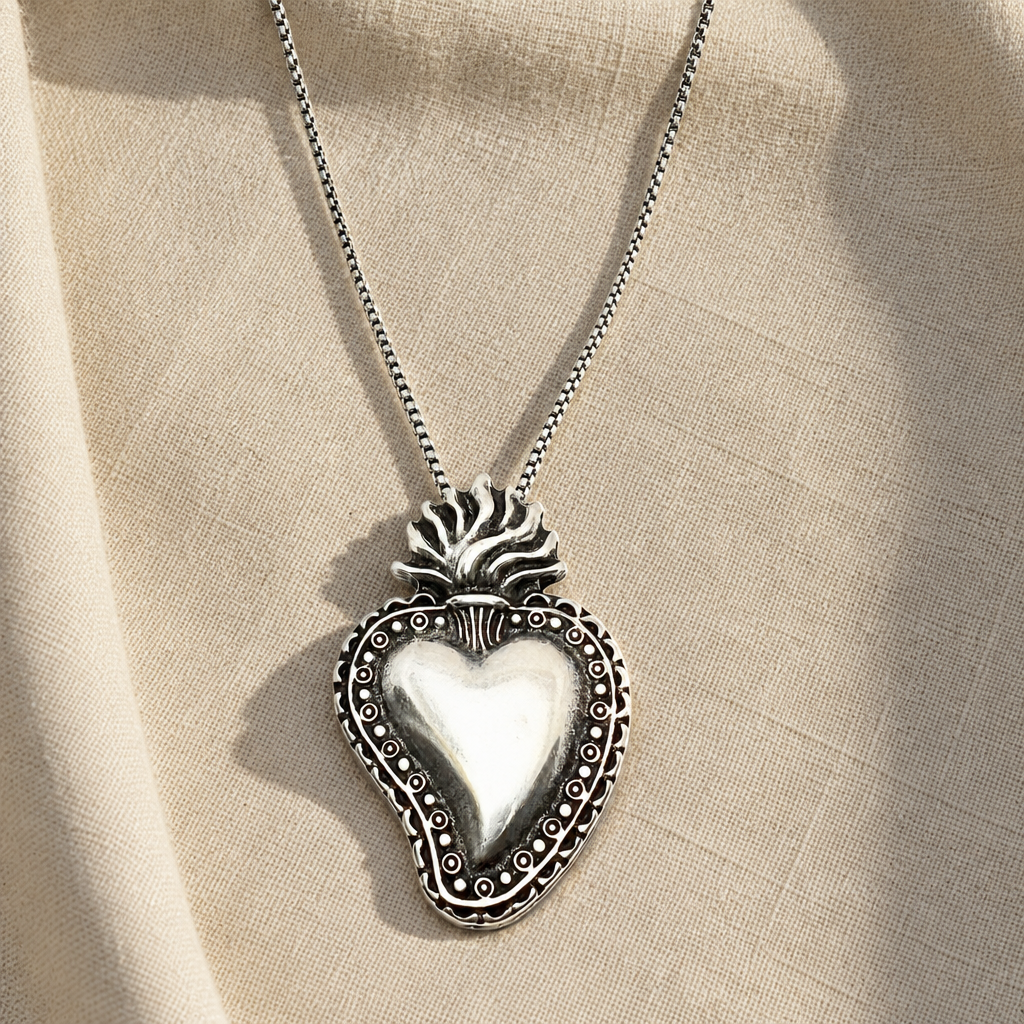 Collana Cuore Sacro Classico su lino beige